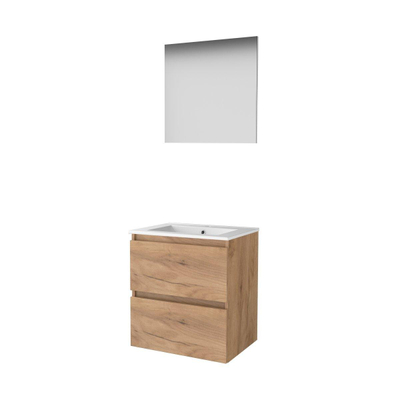 Basic-Line Basic 46 ensemble de meubles de salle de bain 60x46cm sans poignée 2 tiroirs lavabo en porcelaine 1 trou de robinet miroir mfc whisky oak