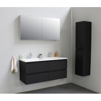 Basic Bella Meuble salle de bains avec lavabo acrylique Blanc avec armoire toilette 2 portes gris 120x55x46cm 2 trous de robinet Noir mat