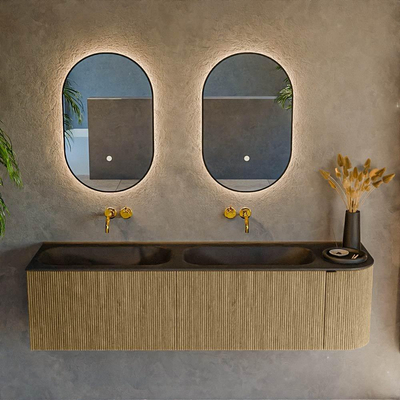 Mondiaz KURVE Ensemble de meuble de salle de bains - 165x46x40cm - 2 tiroir - 1 porte - lavabo solid surface - double / gauche - sans trou de robinet - Dusk