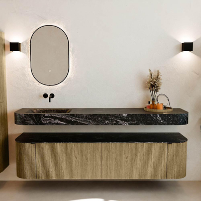 MONDIAZ THOR-DLUX 190cm meuble de salle de bains arrondi gauche + droite couleur Dusk avec 2 tiroirs et 2 portes. Vasque suspendue CLOUD gauche sans trou de robinet couleur Lava.