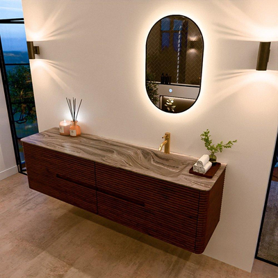 Mondiaz CIRO-DLUX Badkamermeubelset - 180x45x50cm - Solid surface wastafel Sombra - 1 wasbak Rechts - 1 kraangat - 4 lades - Ruby