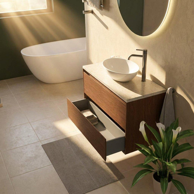 Saniclass Holz Pure Ensemble meuble de salle de bains - 100x45x63cm - Plan de travail en pierre naturelle travertin - 1 trou de robinetterie - 2 tiroirs - walnut pure mat (bois)