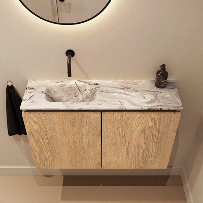 MONDIAZ TURE-DLUX Meuble WC 80 cm Washed Oak. Lavabo EDEN Glace position gauche. Sans trou de robinet.