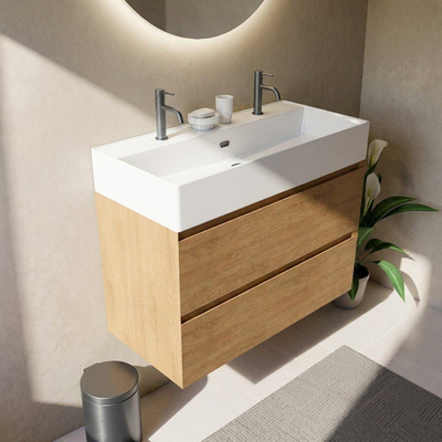Saniclass Holz Pure Ensemble de meubles de salle de bains - 100x45x72cm - vasque en céramique Legend blanche - 1 vasque - 2 trous de robinetterie - 2 tiroirs - chêne natural mat (bois)