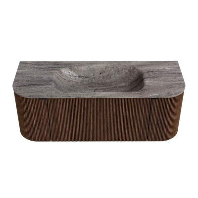 MONDIAZ KURVE-DLUX 120cm badmeubel ronding Links + Rechts kleur Walnut met 1 lade en 2 deuren. Wastafel BIG SMALL Midden zonder kraangat Oza.