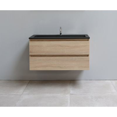 Basic Bella Meuble salle de bains avec lavabo acrylique Noir 100x55x46cm 1 trou de robinet Chêne