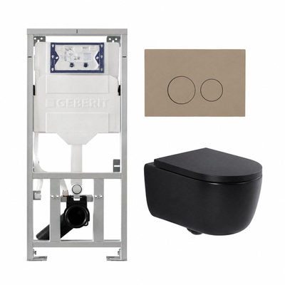 QeramiQ Dely Swirl Ensemble WC - 36.3x51.7cm - réservoir encastré Geberit UP320 - avec cadre Burda - abattant 35mm - plaque de commande taupe - boutons ronds - noir mat