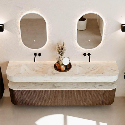 MONDIAZ THOR-DLUX 200cm meuble de salle de bains arrondi gauche + droite couleur Walnut avec 2 tiroirs et 2 portes. Vasque suspendue CLOUD Double sans trou de robinet couleur Ostra.