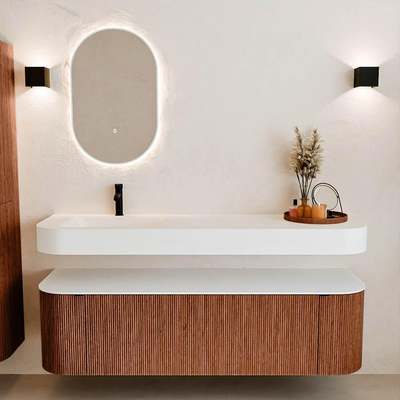 MONDIAZ THOR 160cm meuble de salle de bains arrondi gauche + droite couleur Ruby avec 1 tiroir et 2 portes. Vasque suspendue CLOUD gauche 1 trou de robinet couleur Talc.