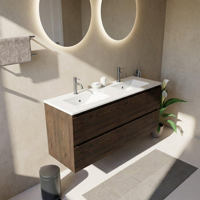 Saniclass Holz Pure Ensemble meuble de salle de bains - 140x45x62cm - Lavabo Vygo en céramique blanc - 2 vasques - 2 trous de robinet - 4 tiroirs - chêne charcoal brillant (bois)