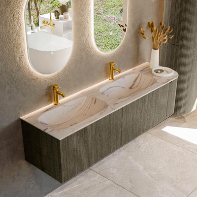 MONDIAZ KURVE-DLUX Meuble de salle de bains 165cm arrondi à droite couleur Shadow avec 2 tiroirs et 1 porte. Lavabo STOR SMALL Double / Gauche 2 trous de robinet Nata.