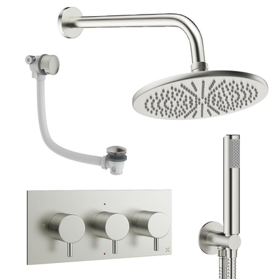 Crosswater MPRO Ensemble de douche de tête encastré - 3 leviers - vidage de baignoire - pomme de douche 30 cm - douchette à main - bras mural - inox brossé