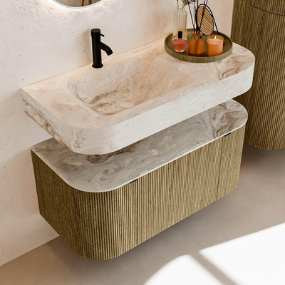 MONDIAZ THOR-DLUX 100cm meuble de salle de bains arrondi gauche + droite couleur Dusk avec 1 tiroir et 2 portes. Vasque suspendue CLOUD Gauche 1 trou de robinet couleur Frappe.