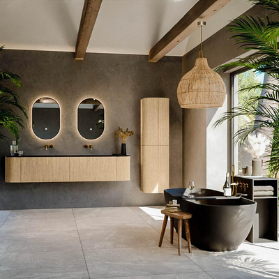 MONDIAZ KURVE Meuble de salle de bains 200 cm avec module 25 Len R couleur chêne avec 2 tiroirs et 2 portes. Lavabo BIG SMALL double sans trou de robinet Urban.