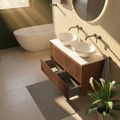 Saniclass Holz Atelier Ensemble de meubles de salle de bains - 120x45x62.5cm - plan de travail Torino en solid surface blanc - sans trou de robinet - 2 tiroirs - walnut pure mat (bois)