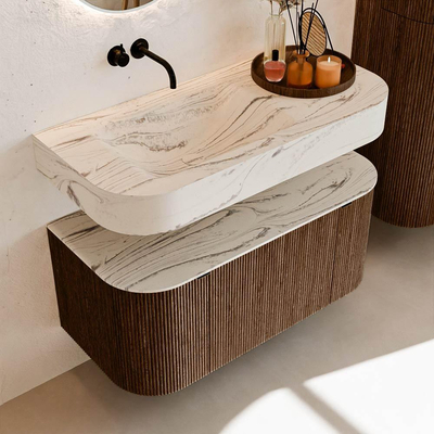 MONDIAZ THOR-DLUX 100cm meuble de salle de bains arrondi gauche + droite couleur Walnut avec 1 tiroir et 2 portes. Vasque suspendue CLOUD gauche sans trou de robinet couleur Nata.