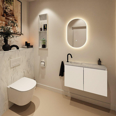 MONDIAZ TURE-DLUX Meuble toilette - 80cm - Talc - EDEN - vasque Opalo - position gauche - 1 trou de robinet