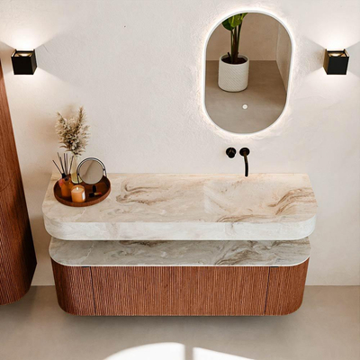 MONDIAZ THOR-DLUX 150cm meuble de salle de bains arrondi gauche + droite couleur Ruby avec 1 tiroir et 2 portes. Vasque suspendue CLOUD Droite sans trou de robinet couleur Frappe.