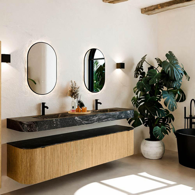 MONDIAZ THOR-DLUX 200cm meuble de salle de bains arrondi gauche + droite couleur Oak avec 2 tiroirs et 2 portes. Vasque suspendue CLOUD Double 2 trous de robinet couleur Lava.
