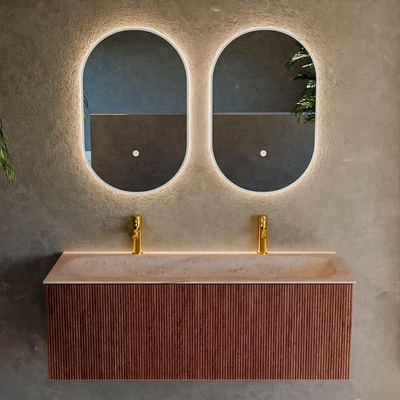 MONDIAZ KURVE-DLUX Meuble de salle de bains 120 cm couleur Ruby avec 1 tiroir et 0 porte. Lavabo BIG LARGE Central 2 trous de robinet Saba.