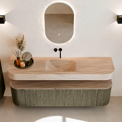 MONDIAZ THOR-DLUX Meuble de salle de bains 170cm arrondi gauche + droite couleur Shadow avec 1 tiroir et 2 portes. Vasque suspendue CLOUD Milieu sans trou de robinet couleur Saba.