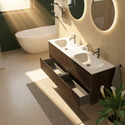 Saniclass Holz Atelier Ensemble meuble de salle de bains - 160x45x61.5cm - lavabo Flow en solid surface blanc - 2 vasques - 2 trous de robinet - 4 tiroirs - chêne charcoal mat (bois)