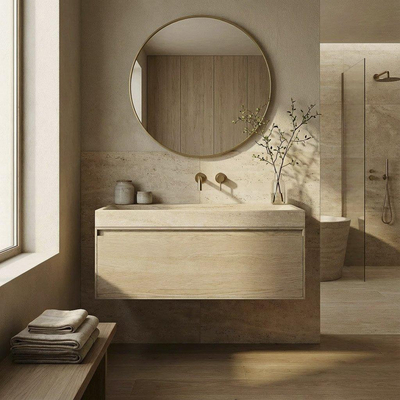 Forzalaqua Ibiza Ensemble meuble de salle de bains - 100x50x50cm - 1 tiroir - lavabo en travertin - sans trou de robinet - jeu de supports - bouchen de vidage - smoke