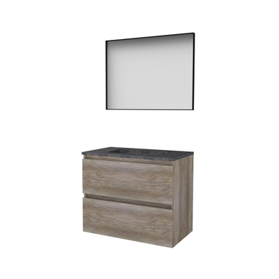 Basic-Line Framed 46 badkamermeubelset - 80x46cm - greeploos - 2 lades - hardsteen wastafel - 0 kraangaten - Spiegel - mat zwart aluminium frame - rondom - MFC Scotch Oak