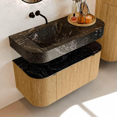 MONDIAZ THOR-DLUX 100cm badmeubel ronding links + rechts kleur Oak met 1 lade en 2 deuren. Vrijhangende wastafel CLOUD Links zonder kraangat kleur Lava.