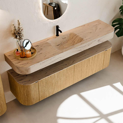 MONDIAZ THOR-DLUX Meuble de salle de bains - 180cm - arrondi gauche + droite - couleur Oak - 2 tiroirs - 2 portes - Vasque suspendue CLOUD Milieu 1 trou de robinet - couleur Arena