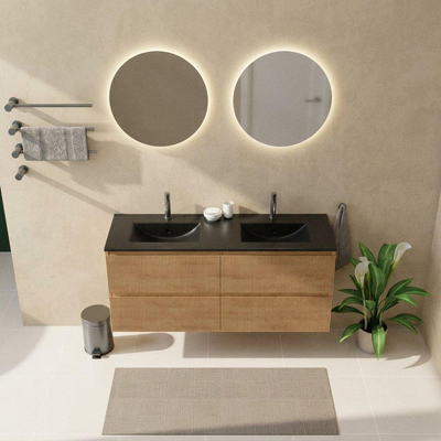Saniclass Holz Atelier Ensemble de meubles de salle de bains - 140x45x62cm - Lavabo Vygo en céramique noir - 2 vasques - 2 trous de robinet - 4 tiroirs - chêne natural mat (bois)
