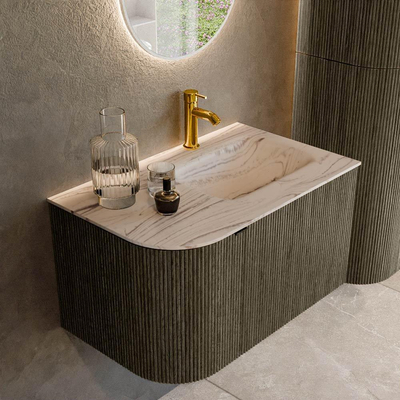 MONDIAZ KURVE-DLUX meuble de salle de bains 75 cm courbe à gauche couleur Shadow avec 1 tiroir et 1 porte. Lavabo GRUNNE à droite 1 trou de robinet Nata.
