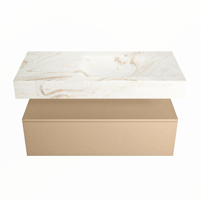 Mondiaz ALAN-DLUX Ensemble de meuble - 100cm - meuble Oro mat - 1 tiroir - Lavabo Cloud Frappe suspendu - vasque Droite - 0 trous de robinet