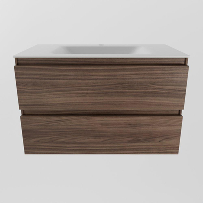 Mondiaz Aivy badmeubelset - 80x45x50cm - 1 kraangat - 1 wasbak talc Solid surface - Midden - 2 lades - Met spiegelkast - Melamine Mocha