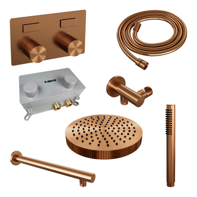 BRAUER Stripe Thermostatische Inbouw Regendouche - drukknoppen - SET 25 - 25cm douchekop - rechte muurarm - staaf handdouche - doucheslang - wandaansluitbocht - koper geborsteld PVD