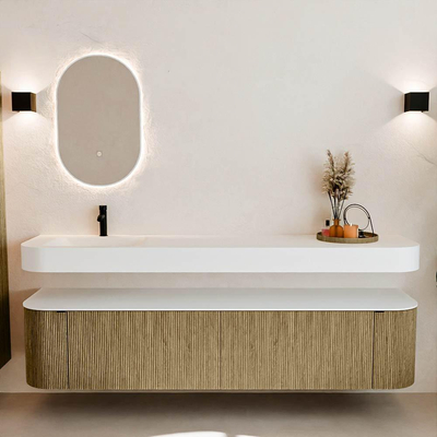 MONDIAZ THOR Meuble de salle de bains 200cm arrondi gauche + droite couleur Dusk avec 2 tiroirs et 2 portes. Vasque suspendue CLOUD Gauche 1 trou de robinet couleur Talc.