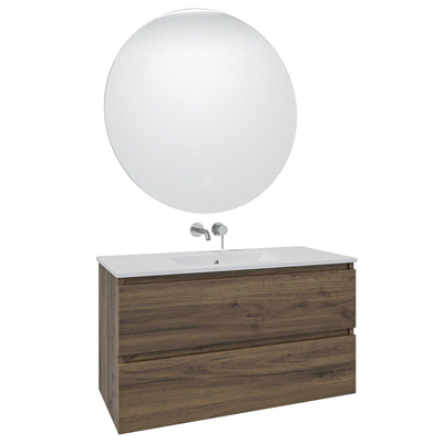 Saniclass Chaci Meuble de salle de bain - 100x46x55cm - lavabo en céramique blanc - 1 vasque - sans trous de robinet - 2 tiroirs - ronde miroir avec éclairage - noyer (hout)