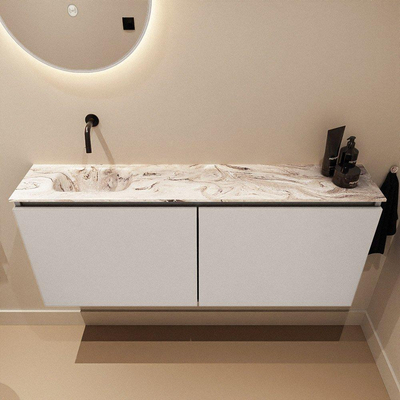 MONDIAZ TURE-DLUX Meuble toilette - 120cm - Linen - EDEN - vasque Glace - position gauche - sans trou de robinet