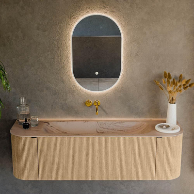 MONDIAZ KURVE-DLUX Meuble de salle de bains 150cm arrondi Gauche + Droite couleur Chêne avec 1 tiroir et 2 portes. Lavabo BIG MEDIUM Central sans trou de robinet Arena.