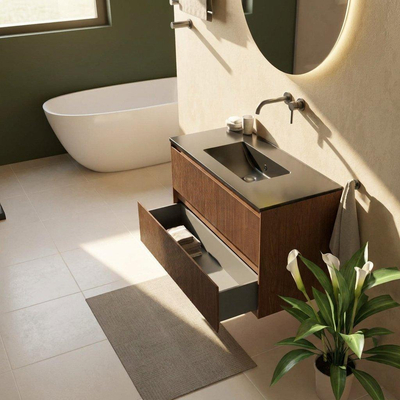 Saniclass Holz Atelier Ensemble de meubles de salle de bains - 100x45x62cm - Vasque Vygo en céramique noire - 1 vasque - sans trou de robinetterie - 2 tiroirs - walnut pure mat (bois)