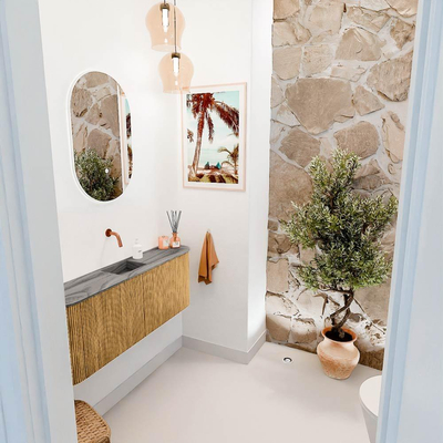 Mondiaz JOYA-DLUX 113.2cm toiletmeubel - ronding links en rechts kleur Oak - Wastafel FAYE positie Midden Zonder kraangat kleur Sombra.