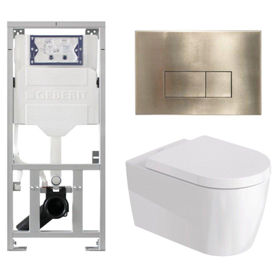 Duravit Me by Starck Ensemble WC – réservoir encastré avec mécanisme de chasse UP320 – abattant à fermeture ralentie (soft-close) – plaque de commande en métal laiton – boutons rectangulaires – laiton brossé doré
