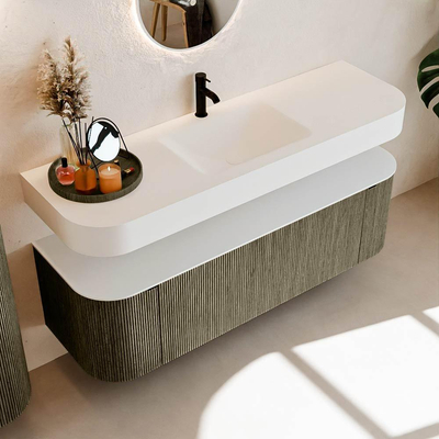 MONDIAZ THOR 150cm meuble de salle de bains arrondi gauche + droite couleur Shadow avec 1 tiroir et 2 portes. Vasque suspendue CLOUD Milieu 1 trou de robinet couleur Talc.