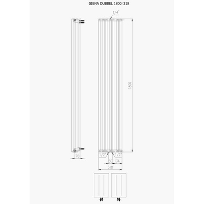 Plieger Siena designradiator verticaal dubbel 1800x318mm 1096W mat wit