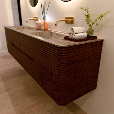 Mondiaz CIRO-DLUX Badkamermeubelset - 190x45x50cm - Solid surface wastafel Sombra - 2 wasbak Dubbel - zonder kraangaten - 4 lades - Ruby