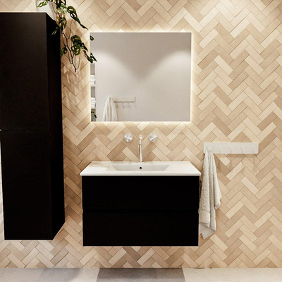 MONDIAZ VICA Meuble de salle de bains 80cm sous-ensemble Urban 2 tiroirs. Lavabo DENIA central 1 trou de robinet, couleur Blanc Brillant.