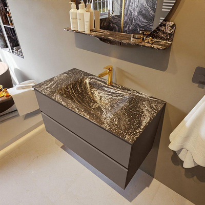 Mondiaz VICA-DLUX ensemble de meuble de salle de bain - 90cm - meuble sous-vasque fumée - 2 tiroirs - lavabo encastré nuage milieu - 1 trou de robinet - miroir modèle spot - version XL 60cm haut - lave