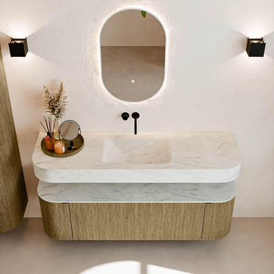 MONDIAZ THOR-DLUX 150cm meuble de salle de bains arrondi gauche + droite couleur Dusk avec 1 tiroir et 2 portes. Vasque suspendue CLOUD Milieu sans trou de robinet couleur Opalo.