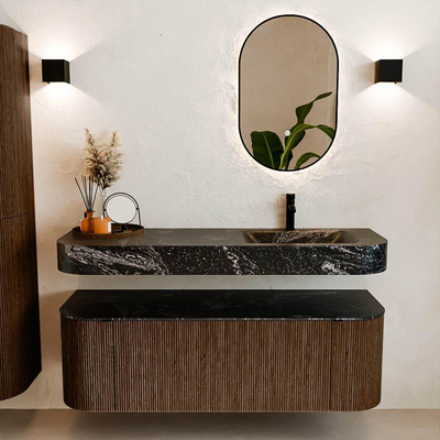 MONDIAZ THOR-DLUX 140cm badmeubel ronding links + rechts kleur Walnut met 1 lade en 2 deuren. Vrijhangende wastafel CLOUD Rechts 1 kraangat kleur Lava.