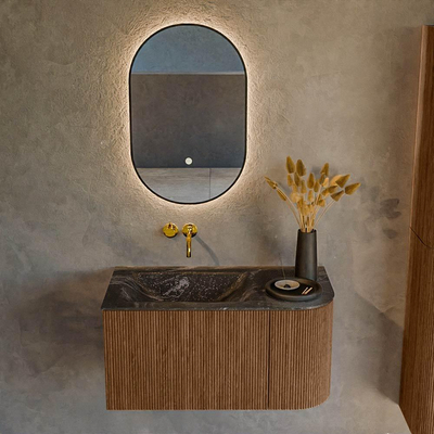 MONDIAZ KURVE-DLUX 85cm Meuble salle de bain avec module 25 D - couleur Walnut - 1 tiroir - 1 porte - vasque CLOUD gauche - sans trou de robinet - couleur Lava